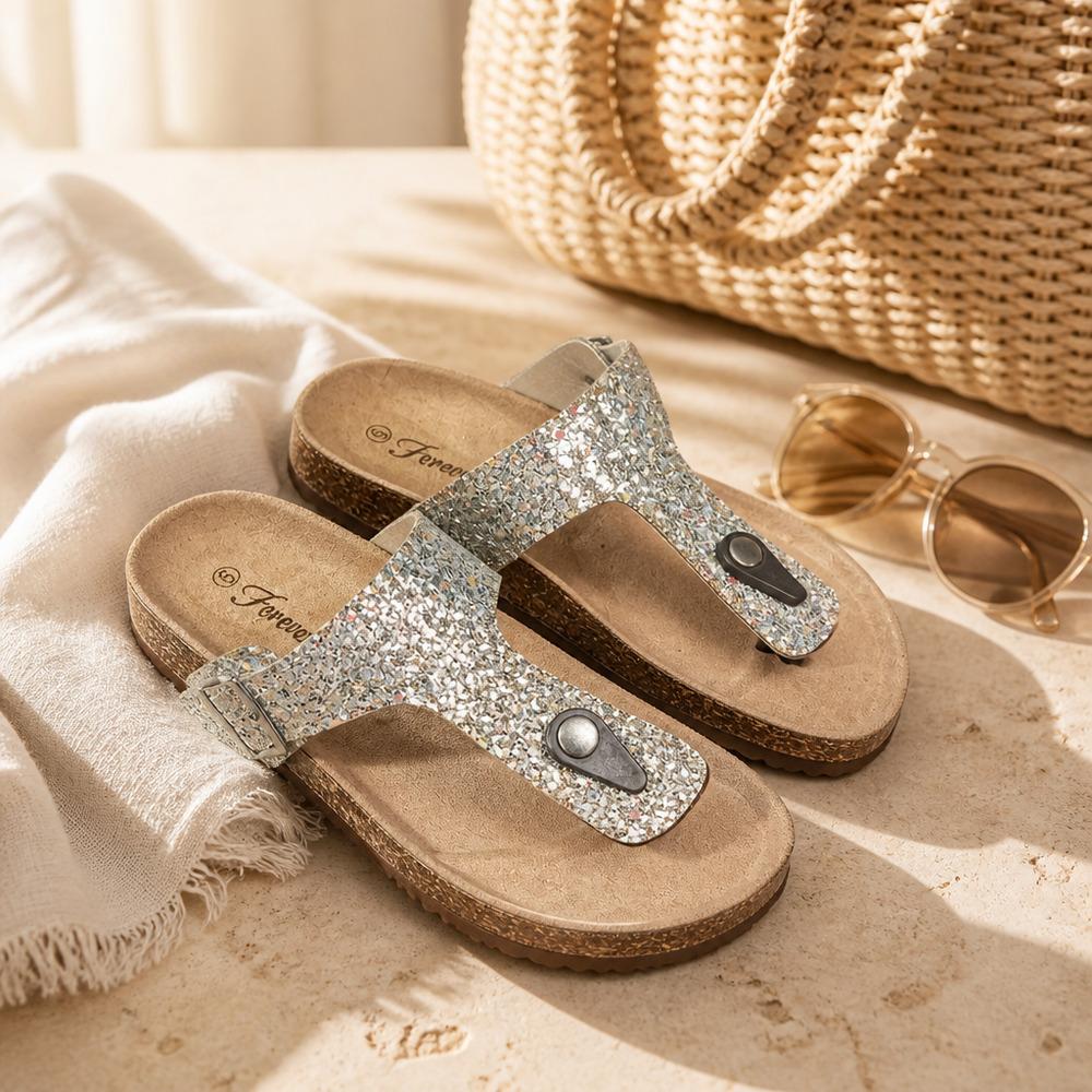 NWOB Forever Silver Glitter Thong Sandals size 6.5